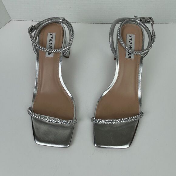 Steve Madden Hurrah Dress Sandals Silver Strappy Heels Crystal Embellishment 8 - Picture 5 of 11